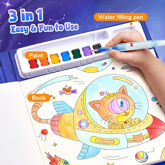 JoyCat Paint with Water Coloring Books, Art & Craft Activity, Princess No Mess Art for Kids Ages 4-8, Craft Kits & Supplies, DIY Creative Activity, Presents for Girls & Boys (Space)