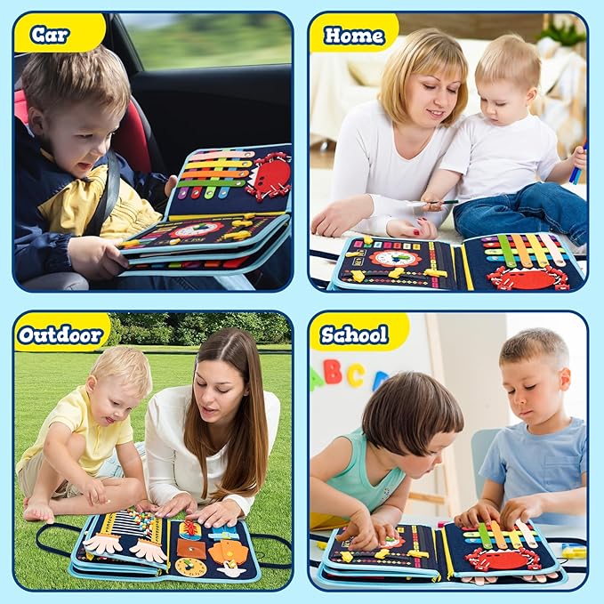 Toddler Busy Board Book Montessori Toys for 1 2 3 4 Years Old,Sensory Board Educational Activities for Learning Fine Motor Skill,Toy for Boy & Girl Birthday Gift,Toddler Toy for Airplane Car Travel