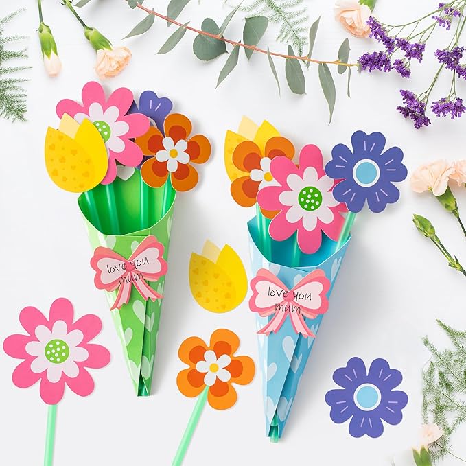 BeYumi Flower Bouquet Craft Kit - 24Pcs Mother's Day Flower Bouquet Craft in Two Colors for Kids Make Your Own Bunch of Flowers Teacher Appreciation Week DIY Gift School Classroom Home Fun Activities
