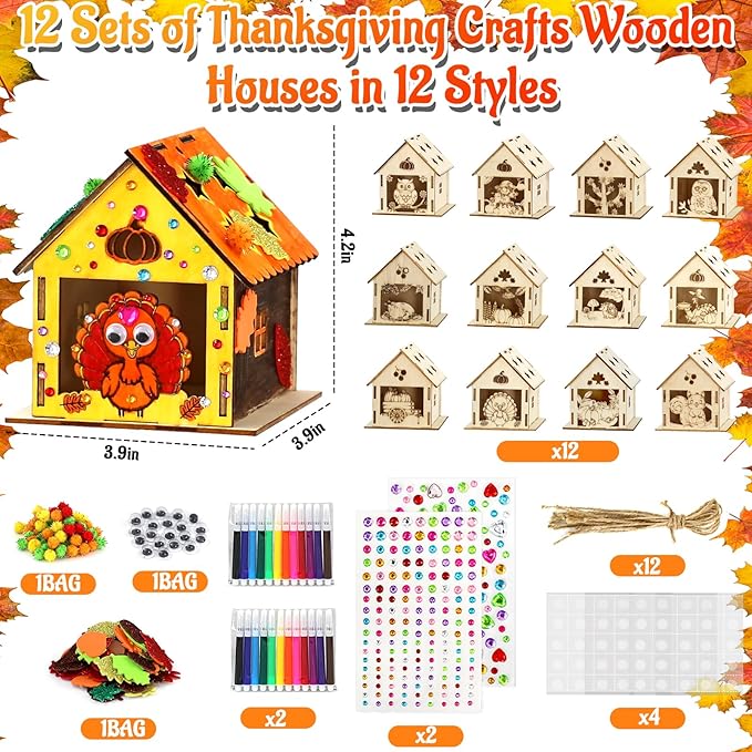12 Thanksgiving Fall Crafts Wooden House for Boy, Girl & Adult, Fall Activities Kit DIY with Paint Pen Pumpkin Turkey Owl, Thanksgiving Arts and Crafts for Classroom Party Favors & Gift Supplies Bulk