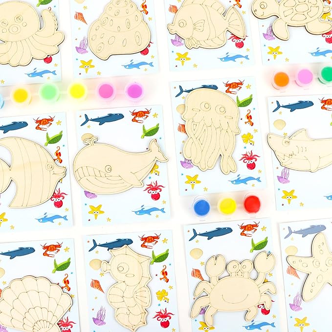 LARDUX Under The Sea Party Favors, 24PCS DIY Sea Ocean Animals Party Favors Wooden Arts & Crafts Painting Kit for Kids, Glow in The Dark Family Crafts Birthday Party Gifts Toys for Boys Girls