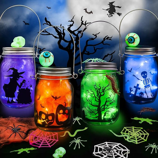 Shemira Halloween Craft Kit for Kids, 4 pcs Glass Mason Jar with Accessories for DIY Lantern Jar, Halloween Art & Craft Party Supplies, Art Activities