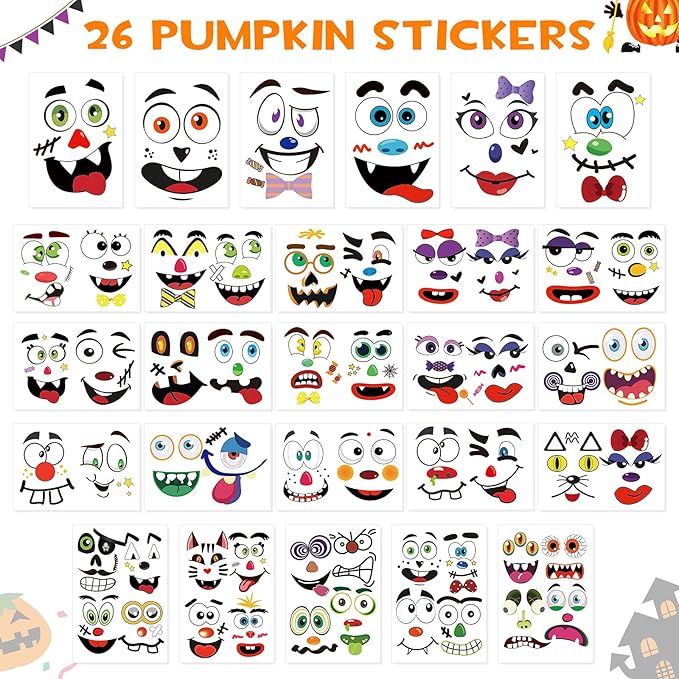 BainGsek 26 Pack Halloween Decoration Stickers, 56 Fun and Classic Pumpkin Face Stickers, Pumpkin Painting Craft Kit, Halloween Party Gift to Kids Decorations to Make Jack O Lantern Face Decal