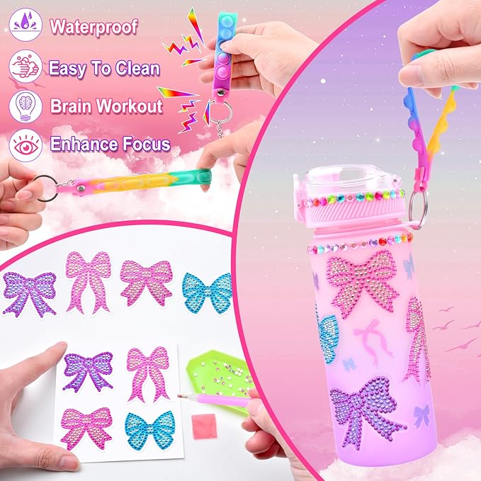 ASIOWELY Decorate Your Own Water Bottle Kits for Girls Age 4-12, Colorful Bow Pattern Diamond Painting Art and Crafts for Boys Age 4-6-8-10, Fun Gifts Toys for School Birthday Christmas