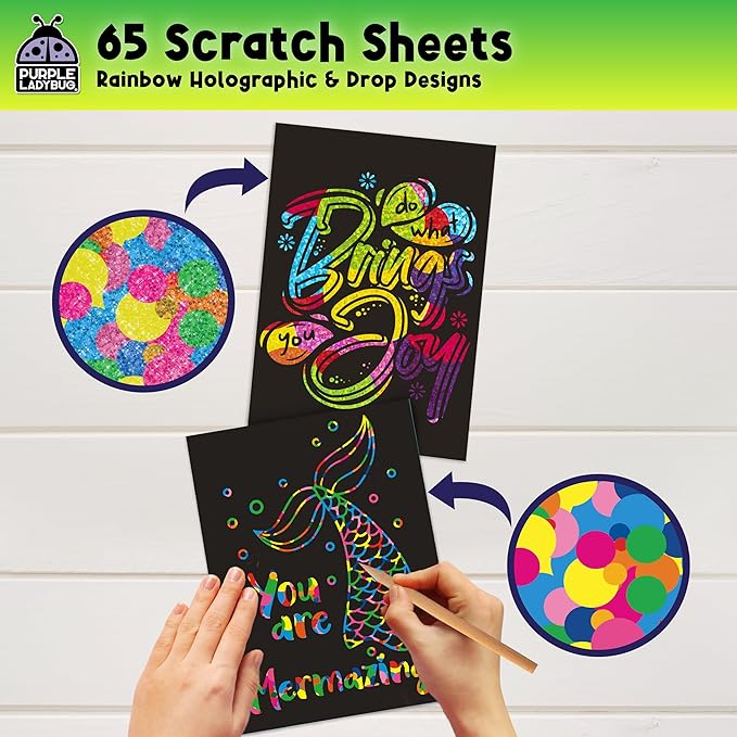PURPLE LADYBUG Rainbow Scratch Art Paper, 79 PCS Creative Drawing Paper & Stencils - Arts and Crafts for Ages 4-12, Kids Craft Activity Set for Halloween, Christmas Gift, Birthday Party Games