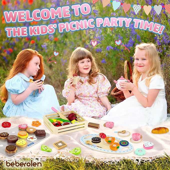 Wooden Tea Set for Little Girls Birthday Gift 2-4 Year Old Princess Toys Play Food Sets for Kids Kitchen Accessories Toddlers 3-5 Outdoor Party 1-3 Pretend Food Dessert Cookies Wood Toy