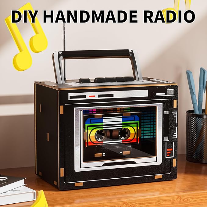 3D Puzzle Vintage Radio, DIY Assembly Model with FM Radio Function, Wood Construction, (Black)