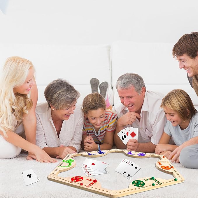 Solid Wood Marbles and Jokers Board Game: Versatile Family Entertainment for 2-8 Players, Featuring Interlocking Game Boards, Multiple Colors, Marbles, and Card Decks Ideal for Parties and Game Nights