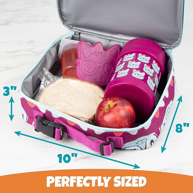 Bentology Kids Lunch Bag Set w Matching Reusable Food Jar & Hard Ice Pack- Kitty- Insulated Tote, Stainless Steel thermos & Freezer Pack to Keeps Food Fresh for Hours- Back to School Lunch Box Kits