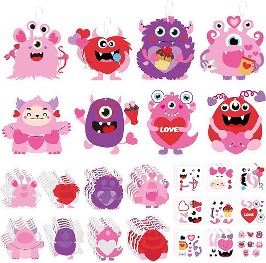 ANGOLIO 123Pcs Valentine's Day Monster DIY Craft for Kids, Make Your Own Monster Ornament Bulk Valentine's Day DIY Paper Craft Decorative Kit for Classroom Activities Gift Exchange