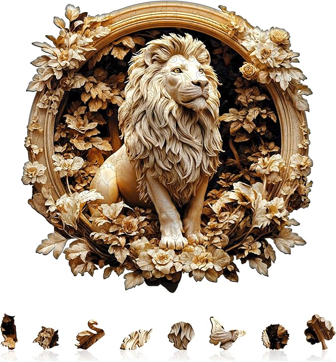 Wooden Puzzles for Adults, Forest Lion Wooden Jigsaw Puzzle 3D Visual Effect Unique Shape Animal Wood Puzzles Adult, Birthday Gifts for Puzzle Lovers Family Games (M-11.4 * 11.4in-200pcs)