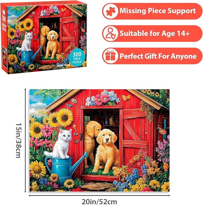 300 Piece Puzzle for Adults Dog Cat Flower Jigsaw Puzzle, Recycled Cardboar Jigsaw Puzzles 300 Pieces for Kids Senior, Challenging Puzzles Family Birthday Party Toy Gift for Friends 20.5"x15"