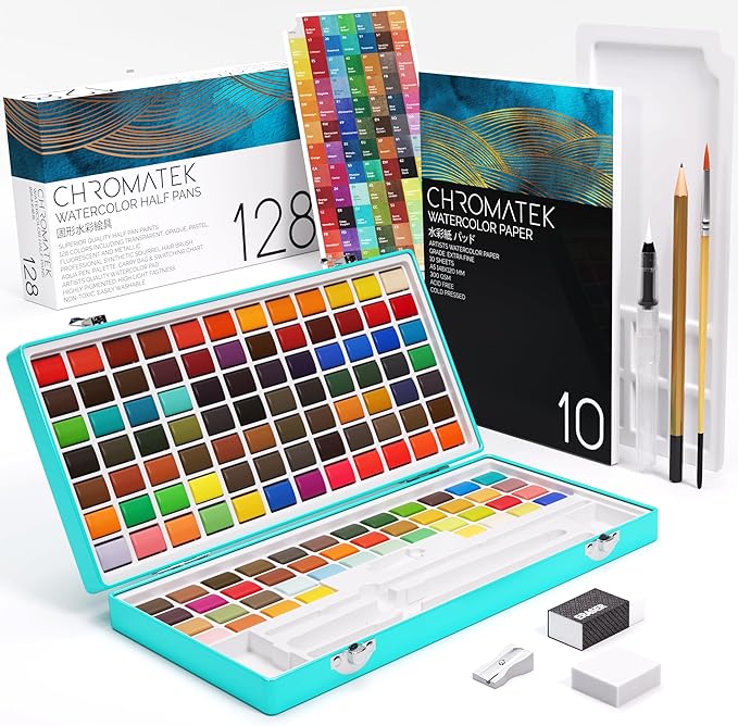 CHROMATEK Watercolor Paint Set β 128 Vibrant Colors for Artists & Beginners with Palette β Includes Metallic, Fluorescent, Pastel & Opaque Shades, Brushes, Pad, Swatch Sheets & Travel Case