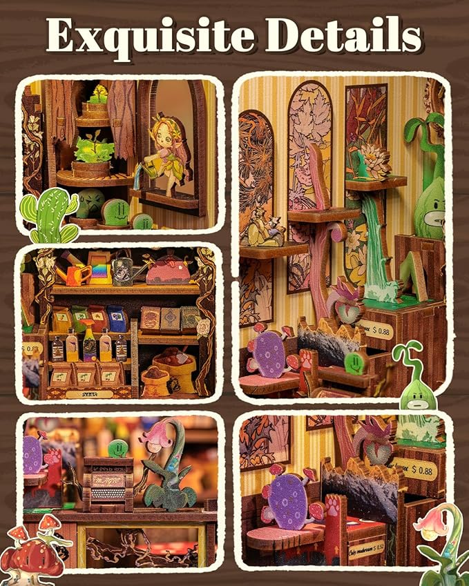 CUTEBEE Book Nook Kit - DIY Miniature Dollhouse for Adults & Teens, LED-Lit Bookshelf Decor, Fantasy Plant Shop Craft Kit, Ideal Gifts (Fantasy Plant Shop)