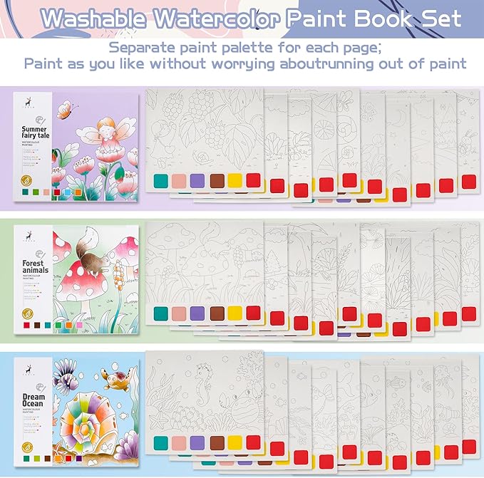 3 Pack Watercolor Coloring Books for Kids Watercolor Paint Book water color paint sets for kids coloring books for kids ages 4-8 Water Colors Paint Kids Pocket Hand Book Stocking Goodie Bag
