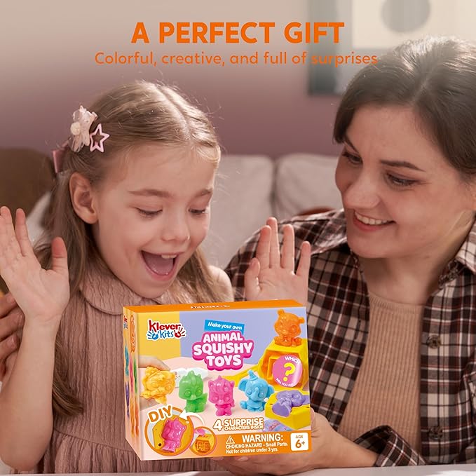 Klever Kits Squishy Toys, DIY Squishy Animal Making Kit, Mystery Box with 4 Surprise Characters Inside, Arts and Crafts, Kids Craft for Kids Ages 6+