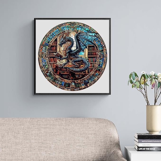 KAAYEE Wooden Puzzles for Adults-Dragon Library Wooden Jigsaw Puzzle Unique Shape Wooden Puzzle Wood Puzzle for Adults,Family Puzzles for Aduls (M-11.4 * 11.4in-200pcs)