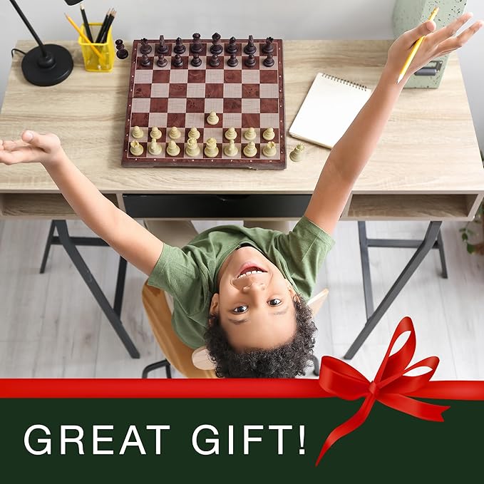 Magnetic Travel Chess Set for Kids and Adults. Portable 12" x 12" Chess Board Game for Beginner & Advance Players. Chess Sets for Adults with 2 Extra Queens & 2 Storage Bags for Chess Pieces.