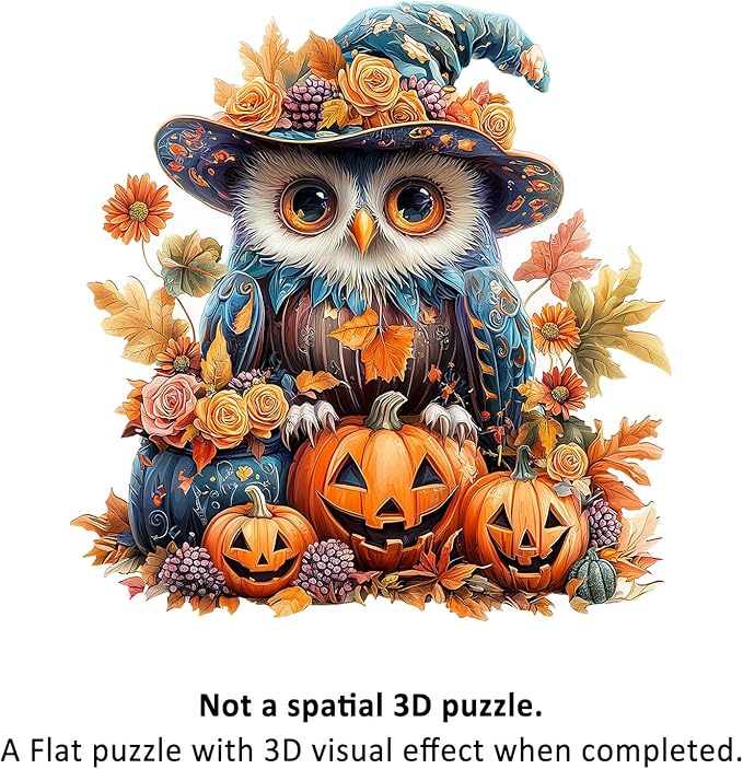 Wooden Puzzles for Adults - 92 Pieces Halloween Owl Wooden Jigsaw Puzzle - Unique Animals Shape Wood Cut Puzzles - Eco-Friendly Home Office Decor (S-8.4 * 7.4in)