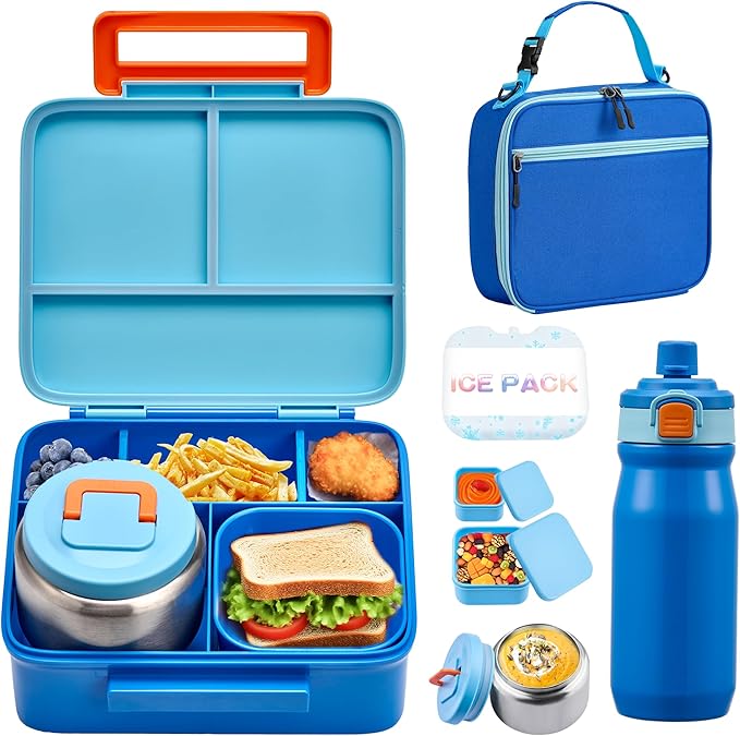 MAISON HUIS Kids Bento Box Set - Includes 8oz Soup Thermo, Insulated Lunch Bag & 17oz Stainless Steel Water Bottle, 5-Compartment Bento Box with Built-In Ice Pack, Leak-Proof & BPA-Free(Blue)