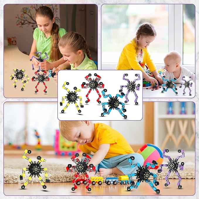 100 Pcs Funny Sensory Fidget Toy Bulk Transformable Chain Robot Finger Toys Fidget Spinners Stress Relief Fingertip Gyro Deformable Mechanical Spiral Spinner for Adult Kids ADHD(Classic)
