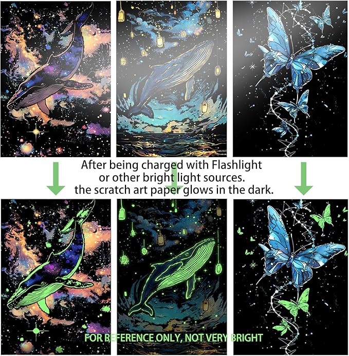 Glow in The Dark Scratch Art Paper,Engraved Landscape Scratch Painting Rainbow Board (12 Sheets A4) Adults, Fun Sketch Card Creative Craft Toy (Animals/Landscapes) by Iskueal.