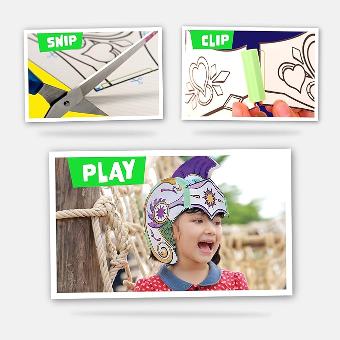 JUNKO Fantasy Headpieces Craft Kit – Build & Color Unicorn, Princess Crown & Warrior God – Ages 6–10 – Recycled, Reusable – Creative Parent-Child Activity