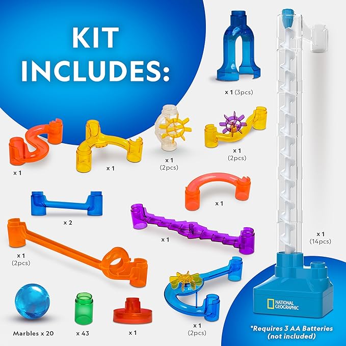 National Geographic Marble Run with Motorized Elevator - 95-Piece Marble Maze Kit with Motorized Spiral Lift, 20 Marbles, Perpetual Motion Machine, STEM Gifts for Boys and Girls, Kids Physics Toys