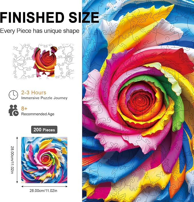 Wooden Puzzles for Adults 200 Pieces, Rainbow Swirl Rose Wooden Jigsaw Puzzles, Stress Relief Puzzle Gifts, Unique Shaped Brain Teaser, Wall Art Home Decor, Challenging Family Games 11.2"x11.2"