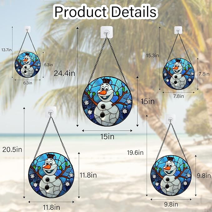 Stained Glass Window Hanging Christmas Funny Snowman 6.3" - Suncatcher Door Garden Blue White Snowflakes Sun Catcher New Year Birthday for Friend Mom Men Woman Nana