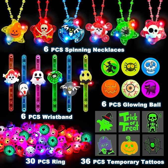 84 PCS Halloween Party Favors for Kids, Halloween Glow in The Dark Toys Bulk Light Up Necklace Bracelet LED Rings Halloween Goodie Bag Fillers Treats for Classroom Prizes Trick or Treat Gifts Game