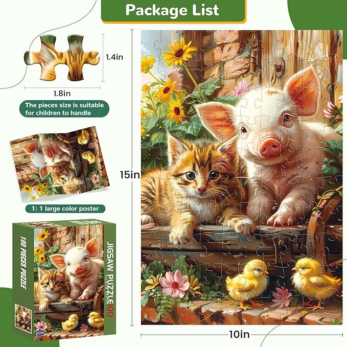 100 Piece Puzzles for Kids Ages 4-8, Cat Pig Kids Puzzles 100 Piece Ages 4-6 6-8 8-10 Animal Floor Jigsaw Puzzle Educational Puzzle Toys Preschool Birthday Gifts for Boys and Girls