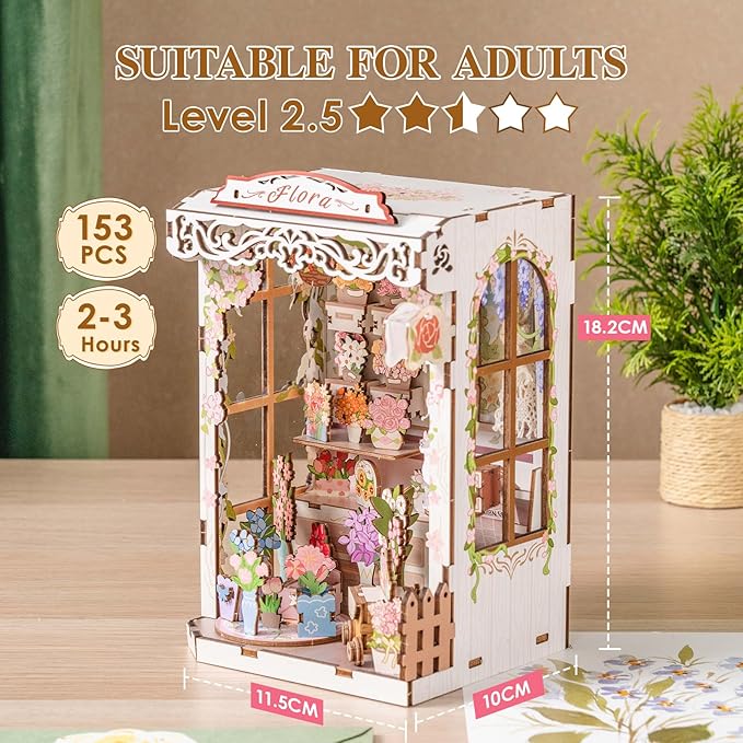 MOMIBOOK Book Nook Kit 153 Pcs DIY Miniature Dollhouse Kit for Adults, 3D Wooden Puzzle Mini Booknook Bookend Bookshelf Decor, Tiny House Model, Party Christmas Birthday Gifts, Flower Shop Cabin