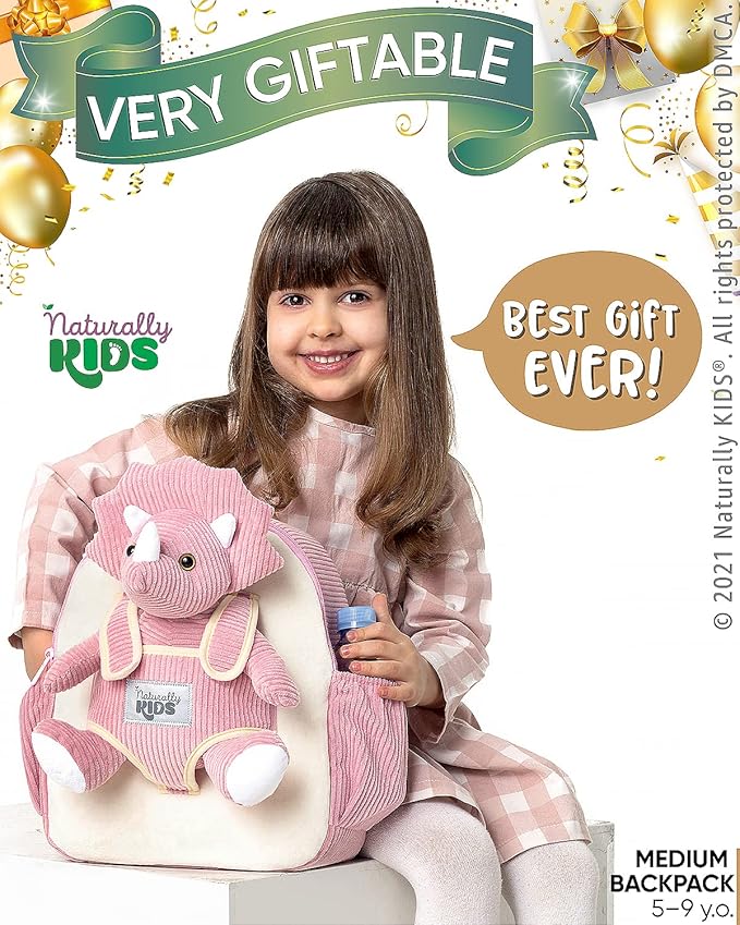 Naturally KIDS Pink Dinosaur Toys for Girls 4-5, Triceratops Toy, Dinosaur Gifts for 4 Year Old Girls, Gifts for 5 Year Old Girl, Toddler Backpack