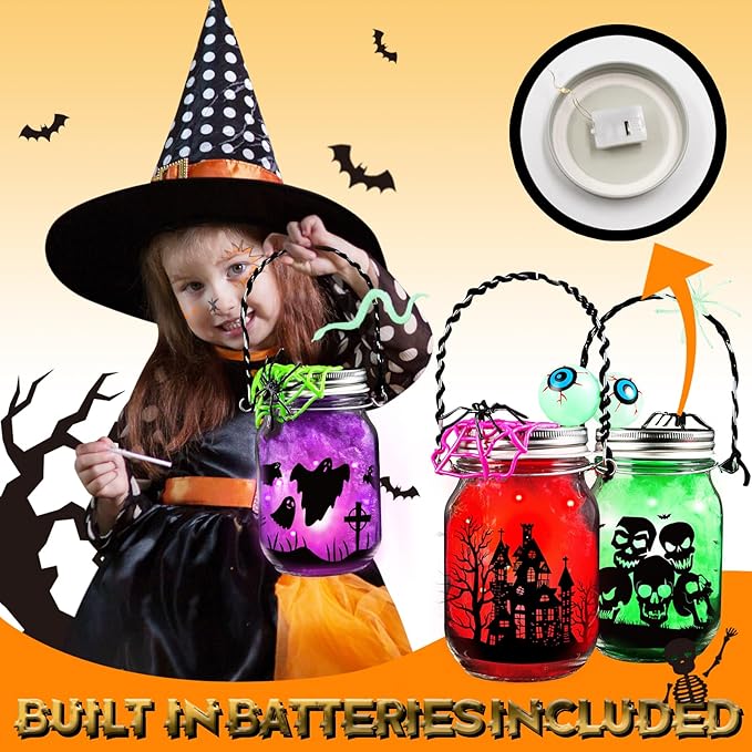 Shemira Halloween Craft Kit for Kids,8 pcs Glass Mason Jar with Accessories for DIY Lantern Jar, Halloween Art & Craft Party Supplies, Halloween Art Activities, Crafts and Arts Party Supplies