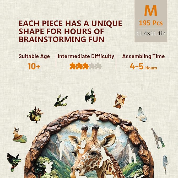 Wooden Puzzles for Adults, Giraffe Wooden Jigsaw Puzzles for Adults, Nature Landscape Flat Puzzle with 3D Visual Effect, Unique Animal Shaped Wood Puzzle, Fun Gifts & Home Decor (M-11.4*11.1in-195Pcs)