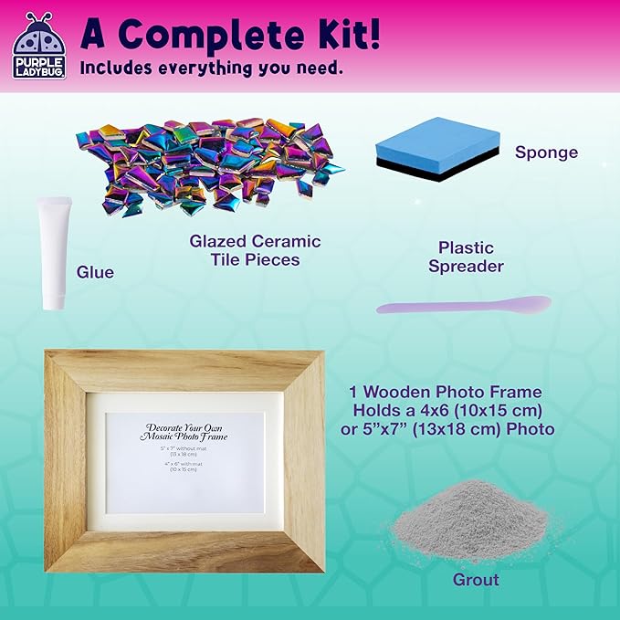PURPLE LADYBUG Decorate Your Own Picture Frame Craft Kit - Craft for Kids Ages 8-12, Birthday Gift & DIY Mosaic Frame Craft for Girls Ages 6-8, Fun Arts & Crafts for 7-Year-Old Girls