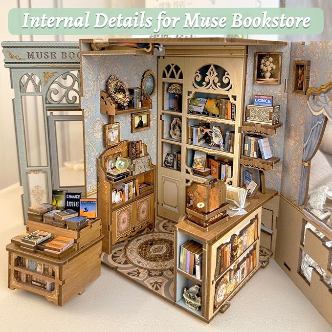 Fsolis Book Nook Kit - DIY Miniature House Kit 3D Puzzles for Adults Beginners Tiny House Mini Booknook Craft Bookshelf Decor, 281 Wooden Pieces, Gifts for Women Teenagers Book Lovers (Muse Bookstore)