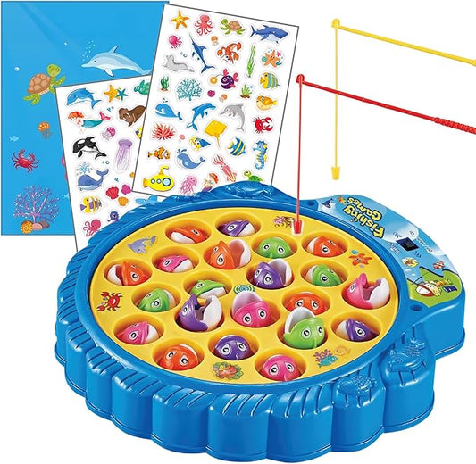 Haktoys Fishing Game Play Set Includes 21 Fish and 4 Fishing Poles on Rotating Board with Music On/Off Switch, Ocean Animal Sticker Book with Reusable Stickers | Board Game for 1-4 Players