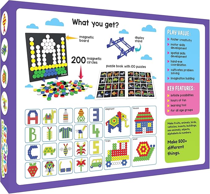 Magnetic Puzzle Circles | 100 guided Puzzles | 200 Tangram Puzzle Circles Magnets | Magnetic Board & Display Stand | STEM Educational Toy for Kids Ages 5+ years