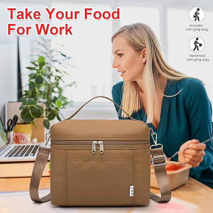NOL Natural Organic Lifestyle Insulated Lunch Bags for Women Cooler Bag Lightweight Nylon Waterproof Lunch Box For Work (Medium(normal),Brown