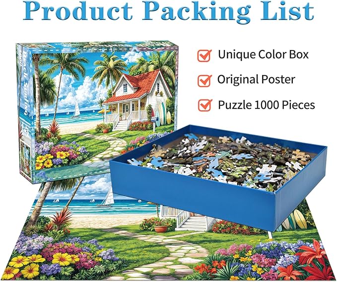 Jigsaw Puzzles for Adults 1000 Piece Puzzle for Adults 1000 Pieces Puzzle 1000 Pieces-Summer Beach Vacation -Surfing, Coconut Trees, Wooden Houses