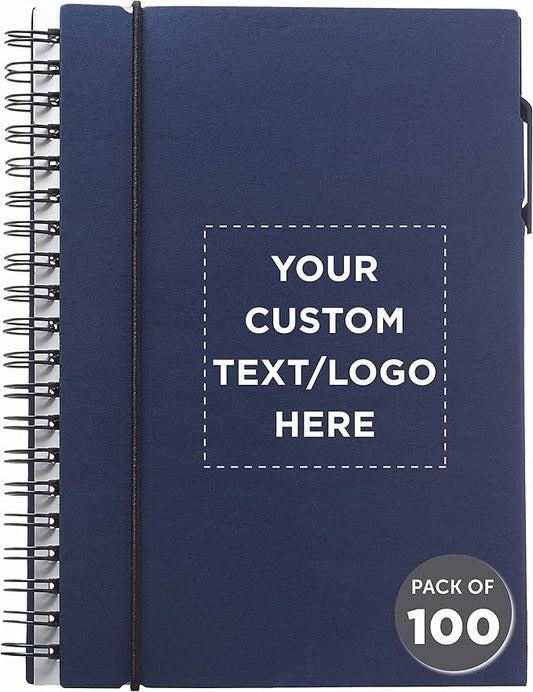 DISCOUNT PROMOS Custom Spiral Notebooks with Elastic Closure Set of 100, Personalized Bulk Pack - Perfect for School, Office, Business and More - Navy Blue