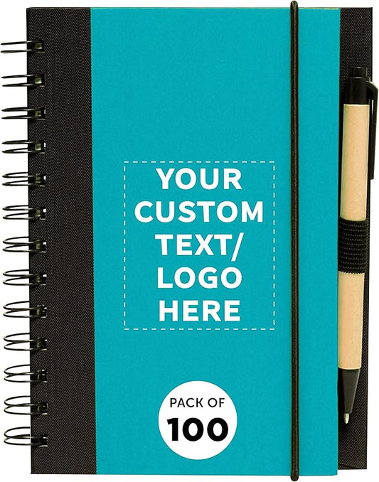 DISCOUNT PROMOS Custom Eco Block Notebooks with Pens Set of 100, Personalized Bulk Pack - Perfect for School, Office, Business, Home - Aqua