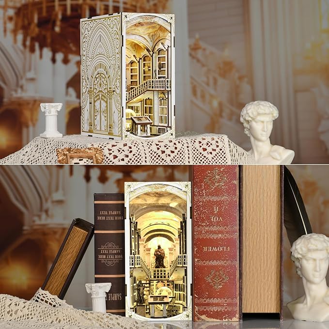 DIY Book Nook Kit for Adults, 3D Wooden Puzzle Bookend Bookshelf Insert Decor with LED Light and Dust Cover (Library of Gods)