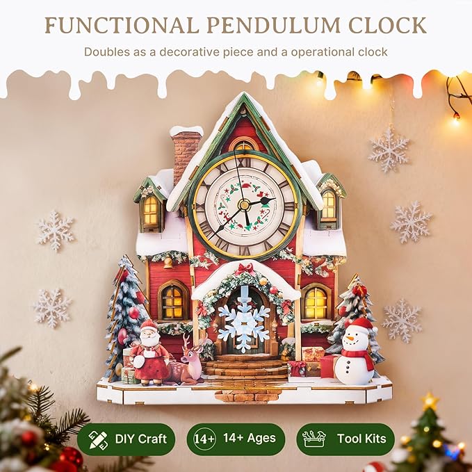 KAAYEE 3D Puzzle for Adult, Wooden Christmas Snow Cabin Pendulum Clock Puzzle Kit, 73 PCS DIY Vintage Wall Clock, Creative Craft Gift for Birthday Xmas Home Decor (Battery Not Included)