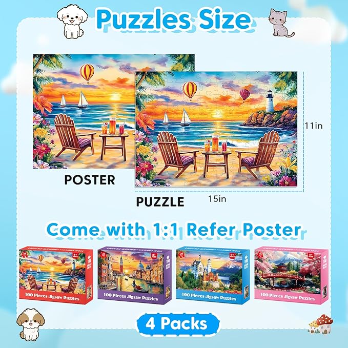 100 Piece Puzzle World Famous Landscapes Jigsaw Puzzles Large Piece Puzzles for Adult Seniors Kids Puzzles for Kids Ages 4-6 6-8 Learning Educational Toys Gifts for Girls Boys 4 Packs