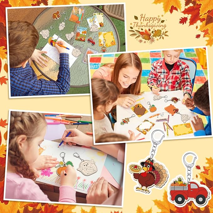 24 Sets Fall Thanksgiving Party Favors Autumn Unfinished Wooden Keychains Gifts Coloring Turkey Pumpkin Fall Leaves Scarecrow DIY Home Crafts for Thanksgiving Party Holiday Activities