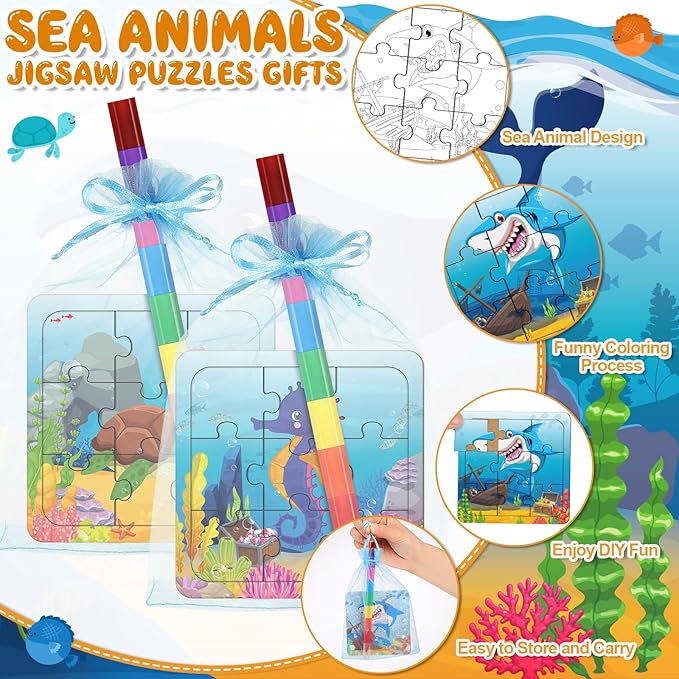 12 Sets Sea Animal Puzzles Summer Color Your Own Puzzles DIY Ocean Jigsaw Crafts with 12 Stackable Crayons and 12 Bags for Ocean Theme Gifts Birthday Party Supplies(12, Sea)