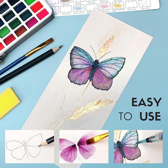 Watercolor Paint Set 100 Colors, Travel Watercolor Set with Portable Carrying Case, Papers, Brushes and Accessories, Ideal for Artists, Amateur Hobbyists and Painting Lovers